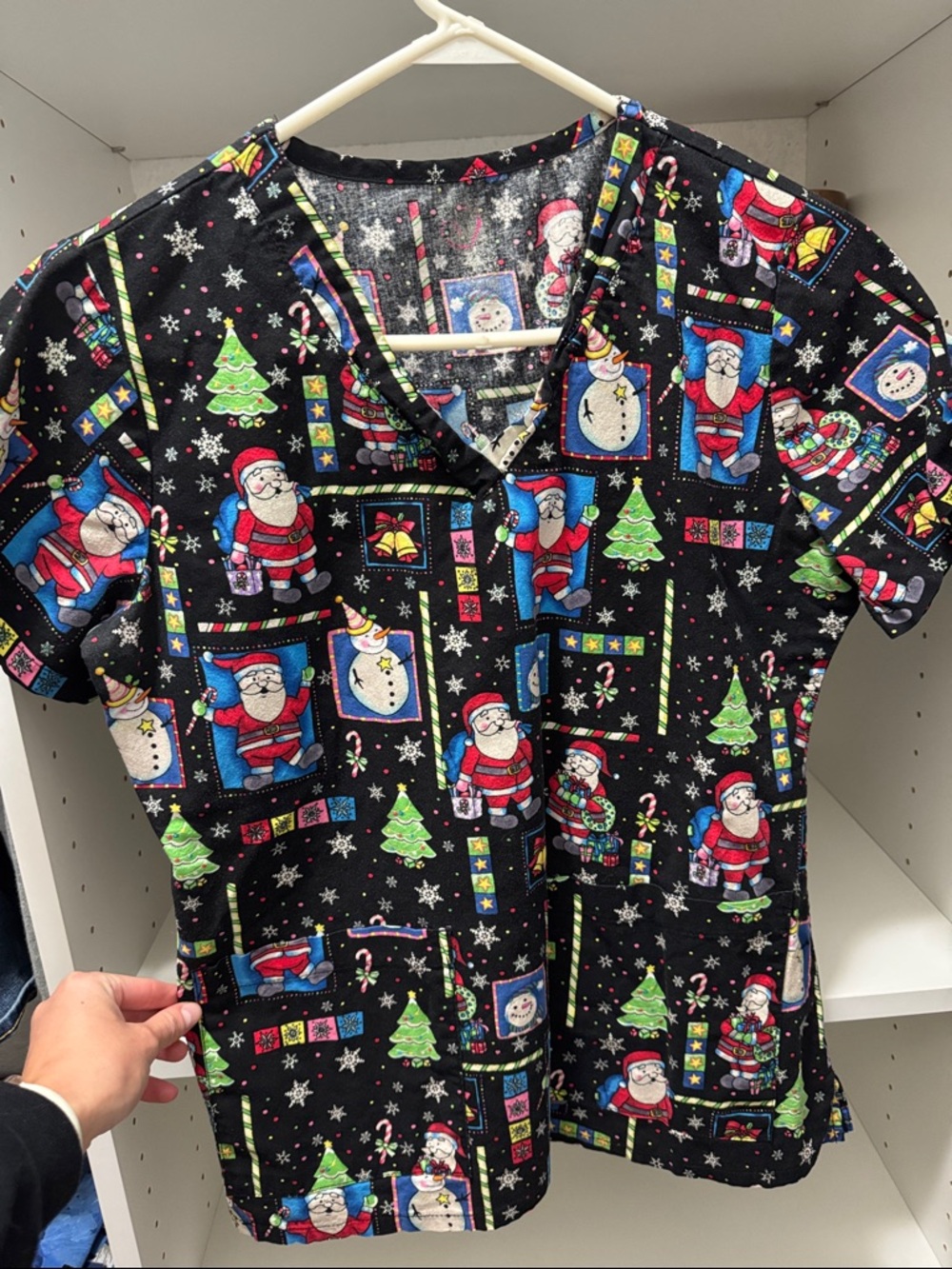 Vintage Black Christmas Scrub Top with Santa & Snowman Print
